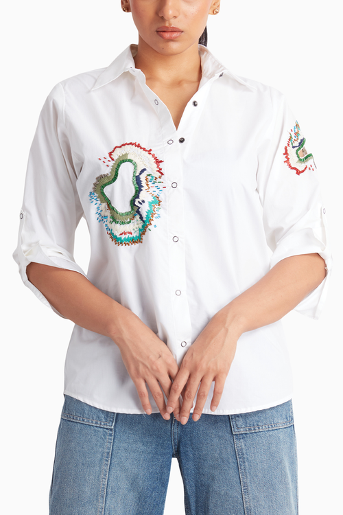 White Shirt with Colorful Abstract Embroidery