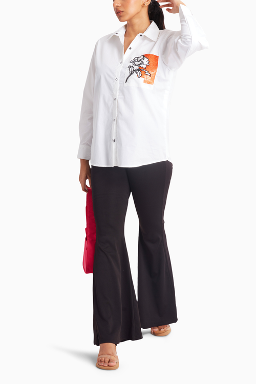 White Shirt with Orange Sequin and Black Bead Embroidered Pocket