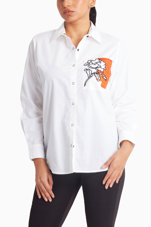 White Shirt with Orange Sequin and Black Bead Embroidered Pocket