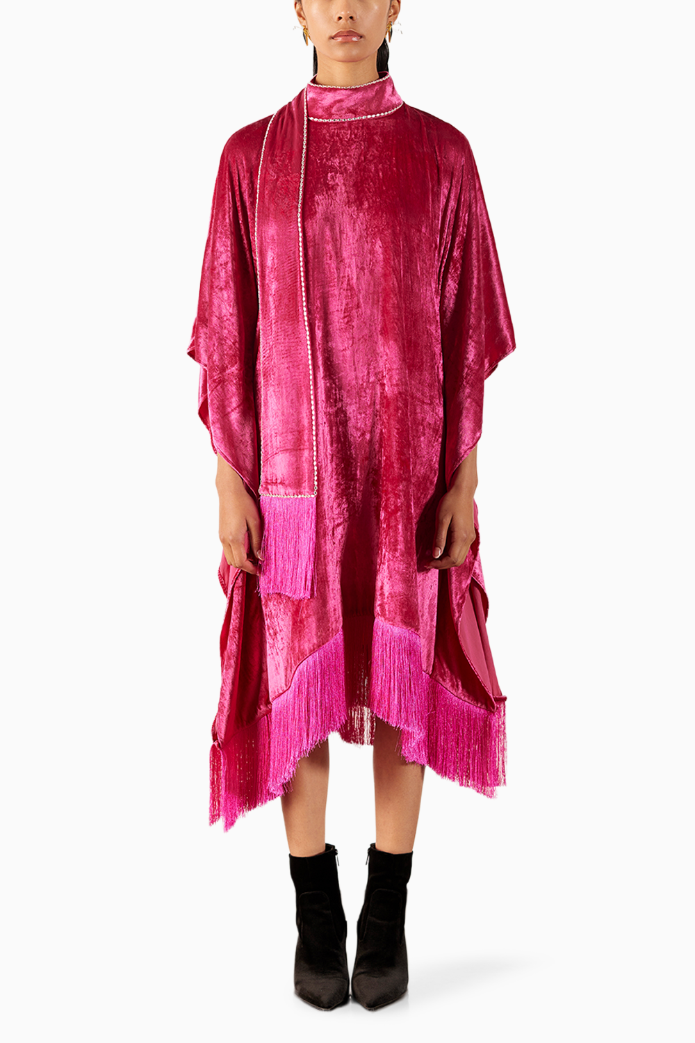 Pink Miller Velvet Kimono With Fringe