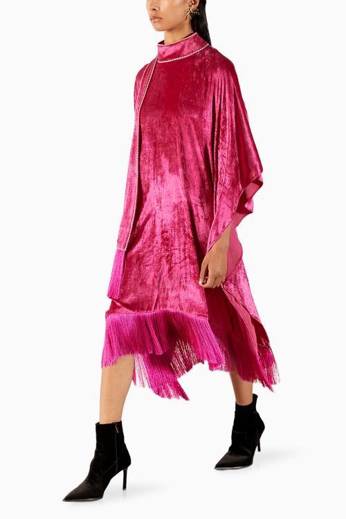 Pink Miller Velvet Kimono With Fringe
