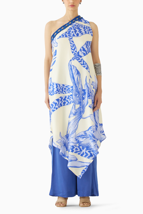 Blue Aphrodite One Shoulder Kurta & Flared Pants Co-ord