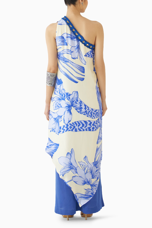 Blue Aphrodite One Shoulder Kurta & Flared Pants Co-ord