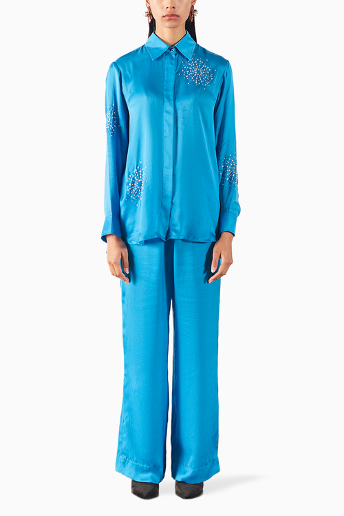 Cyan Brunia Shirt And Trousers Co-ord