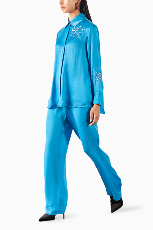 Cyan Brunia Shirt And Trousers Co-ord