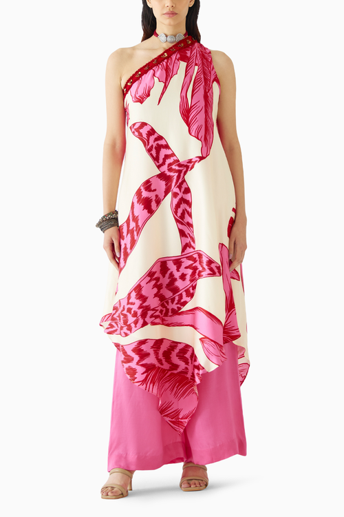 Pink Aphrodite One Shoulder Kurta & Flared Pants Co-ord