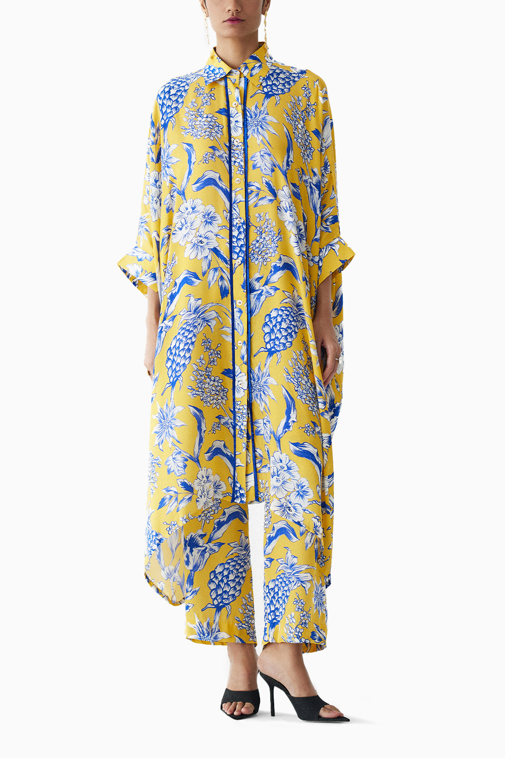 Yellow Pineapple Front Button Kimono And Pants Co-ord