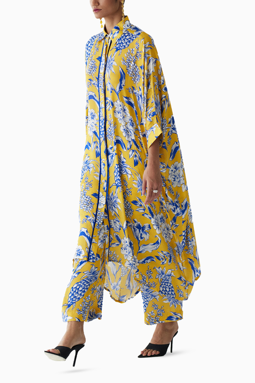 Yellow Pineapple Front Button Kimono And Pants Co-ord