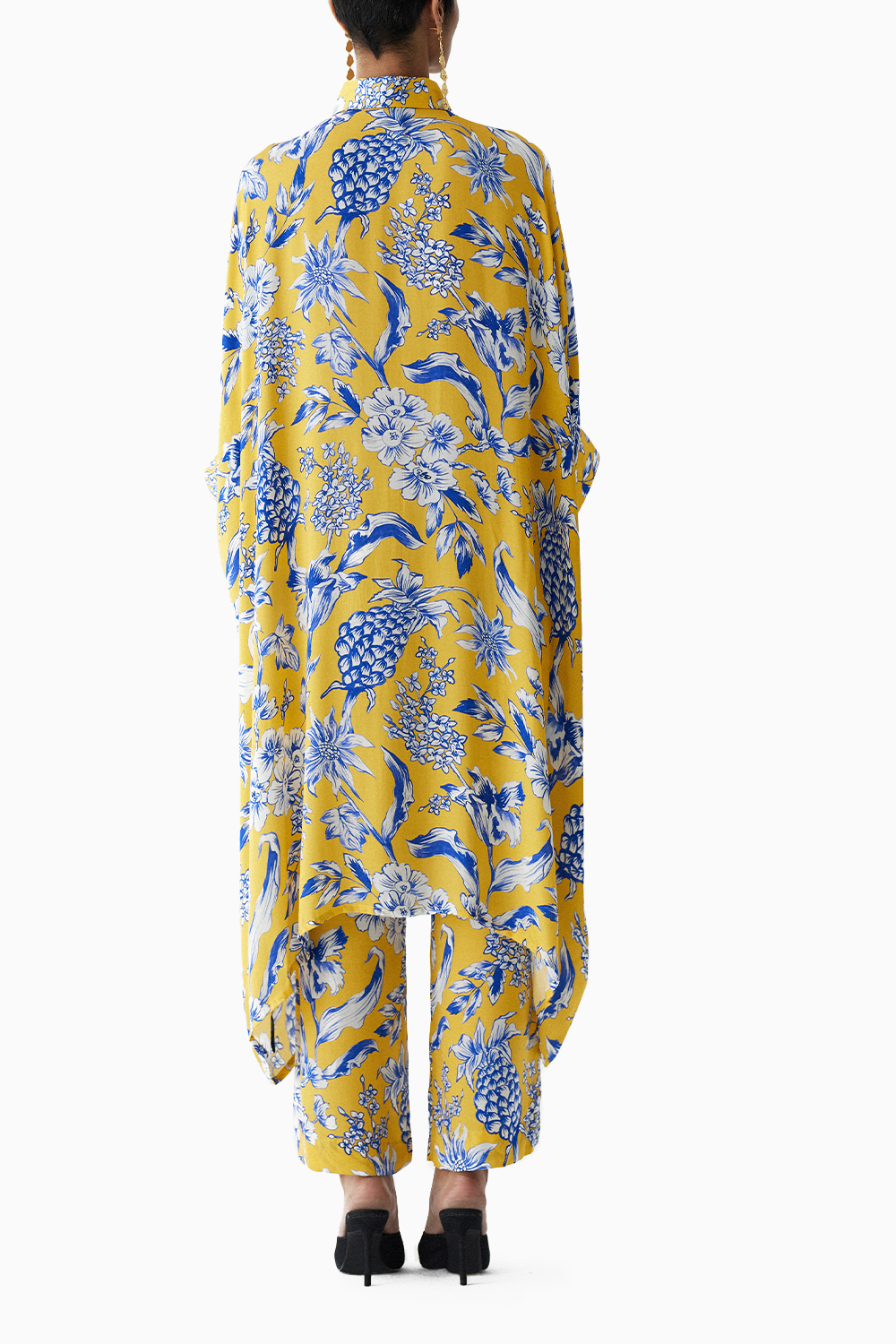 Yellow Pineapple Front Button Kimono And Pants Co-ord