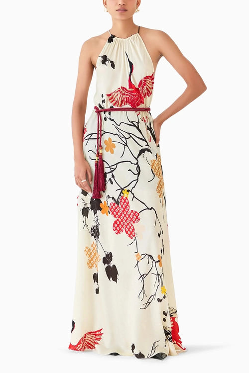 Red Crane Halter Dress