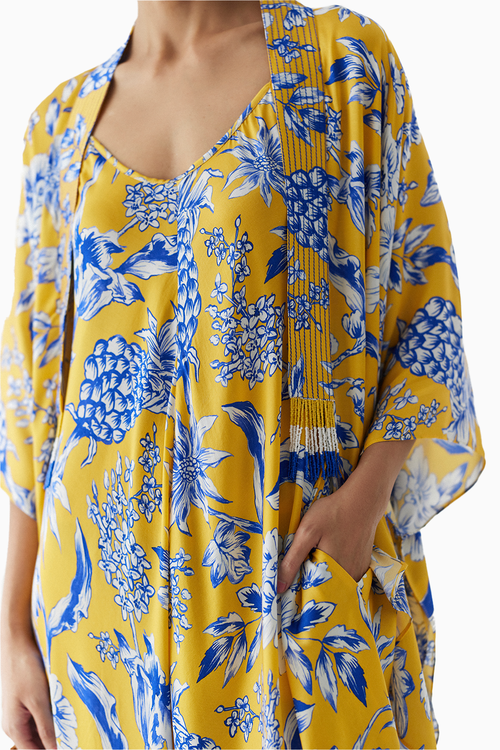 Yellow Pineapple Strappy Jumpsuit And Cape