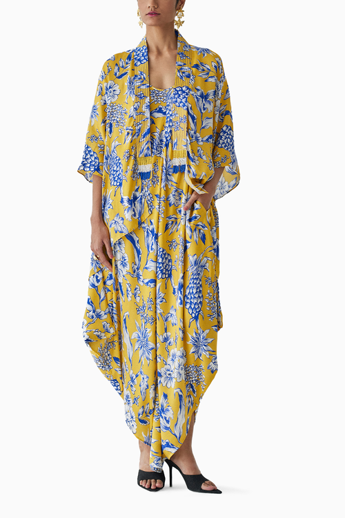 Yellow Pineapple Strappy Jumpsuit And Cape