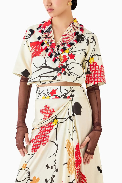 Red Crane Blazer & Draped Skirt Co-ord