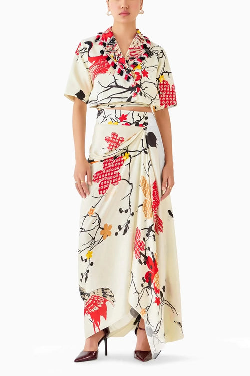 Red Crane Blazer & Draped Skirt Co-ord
