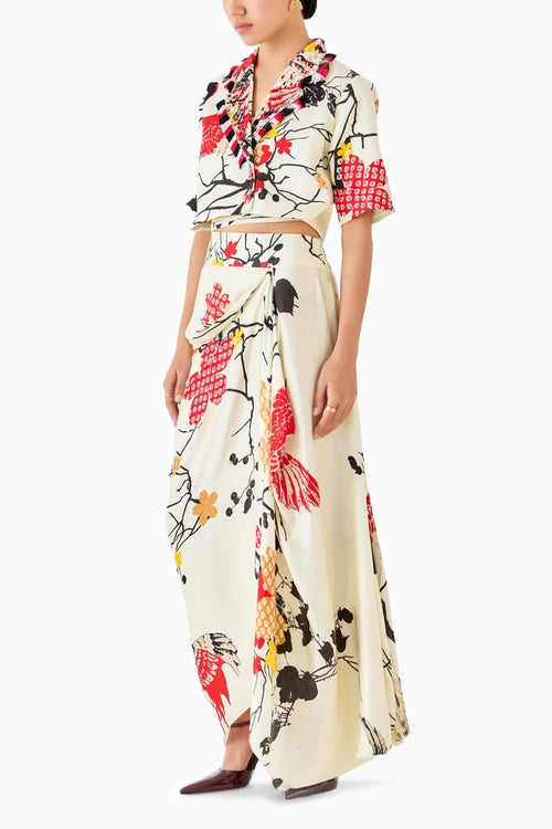 Red Crane Blazer & Draped Skirt Co-ord