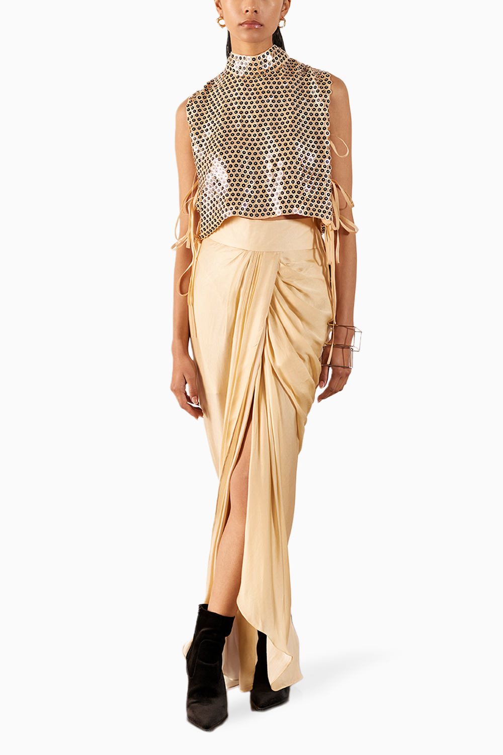 Champagne Embroidered Top & Draped Skirt