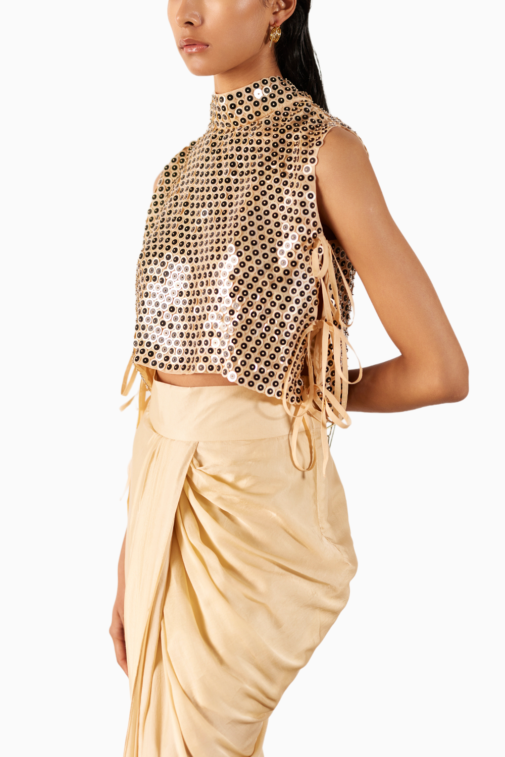 Champagne Embroidered Top & Draped Skirt