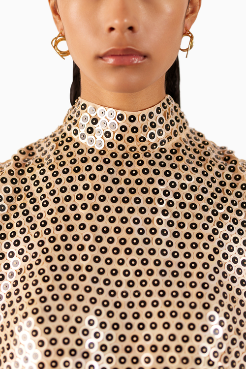 Champagne Embroidered Top & Draped Skirt