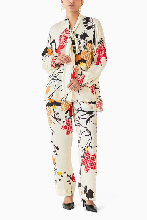 Red Crane Knot Shirt& Pants Co-ord
