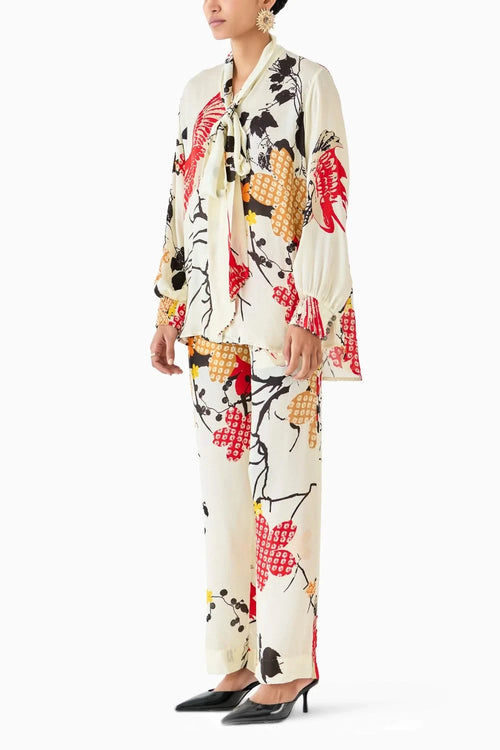Red Crane Knot Shirt& Pants Co-ord