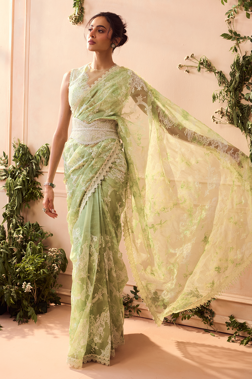White Green Organza Appliqué Saree with Blouse