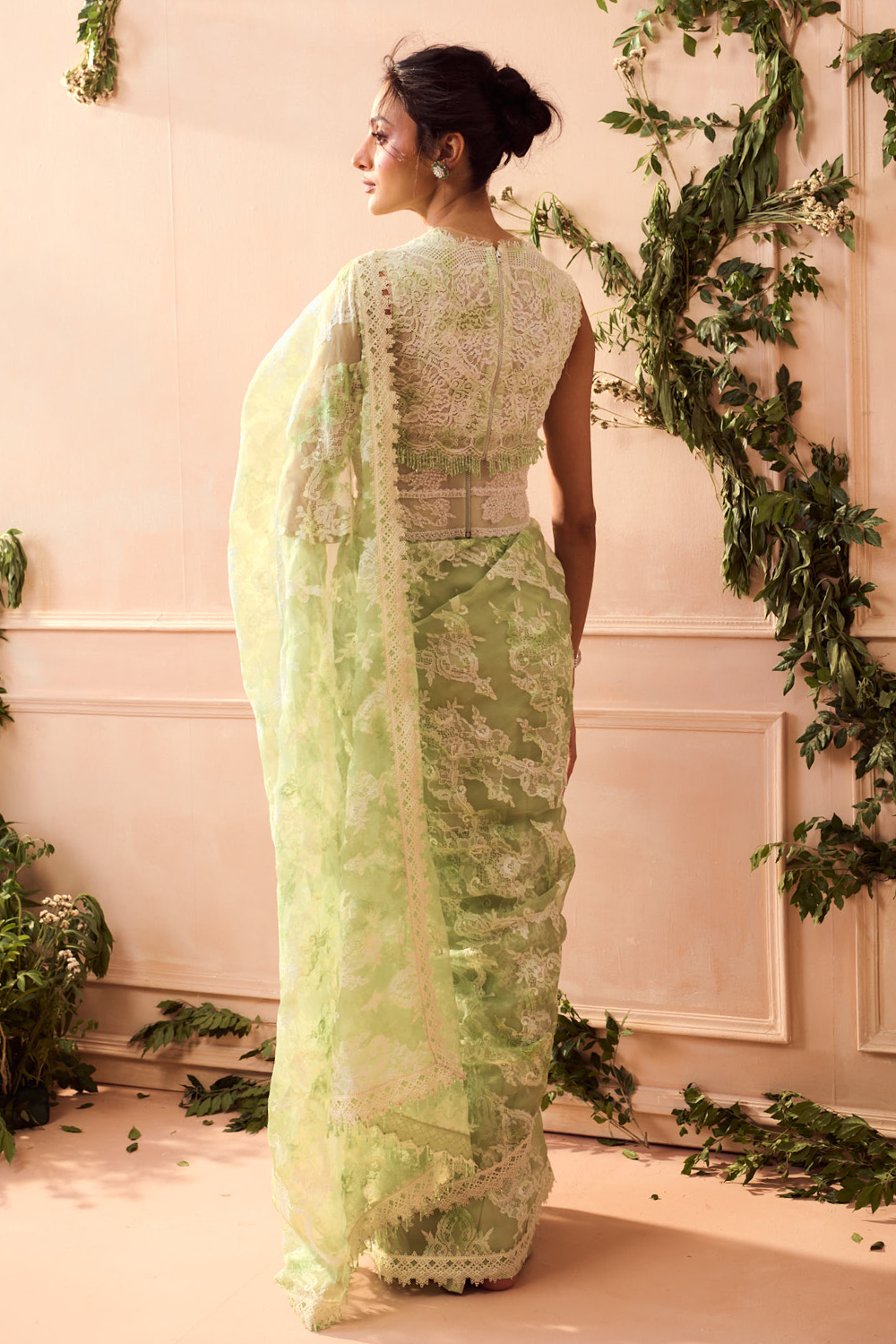 White Green Organza Appliqué Saree with Blouse