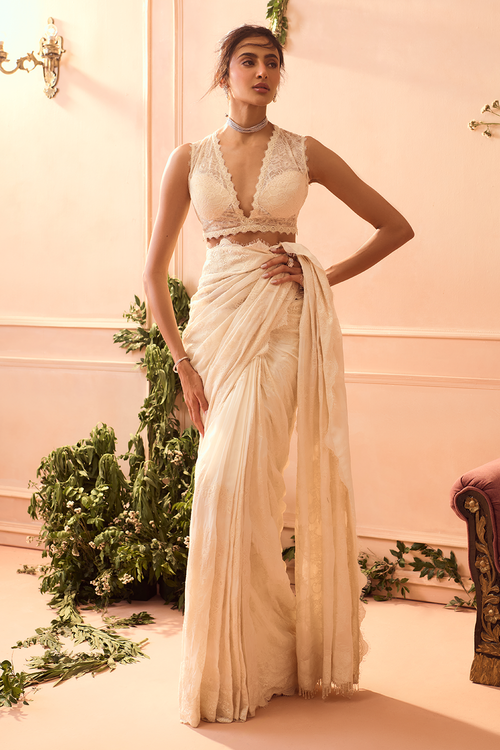 Ivory Silk Organza Saree with Blouse