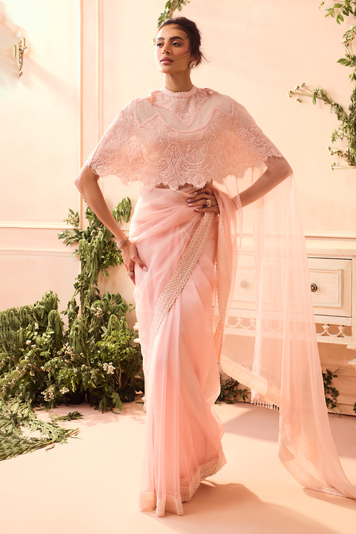 Pink Silk Organza Saree with Cape