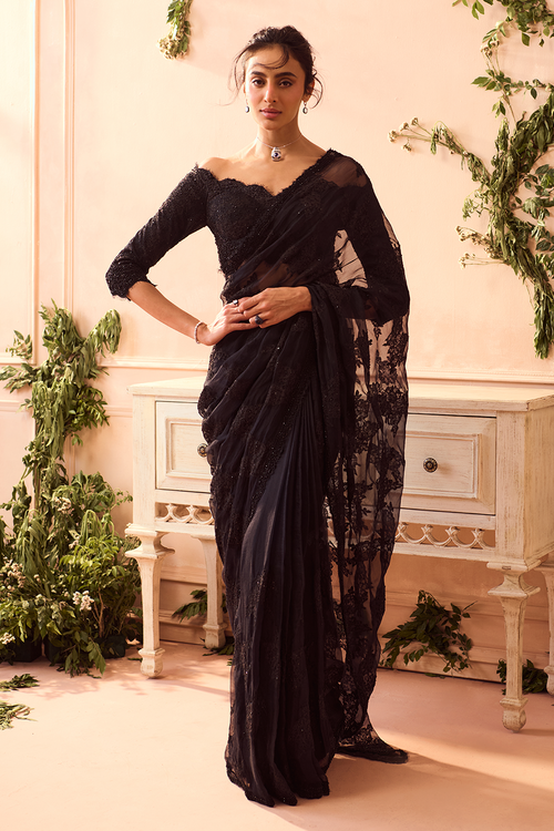 Black Lace Work Applique Saree with Blouse