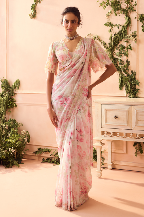 White Pink Printed Saree with Bell Sleeves Blouse