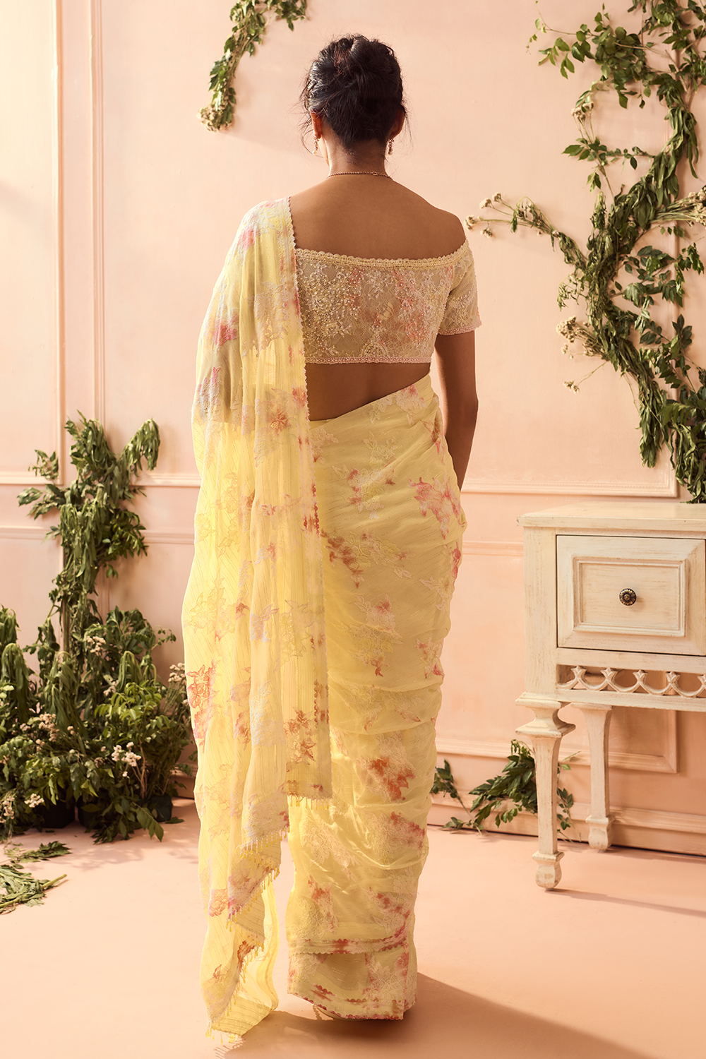 Yellow Chiffon Saree with Off Shoulder Blouse