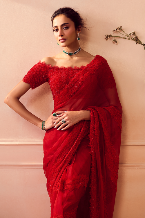 Red Silk Organza Saree with Blouse