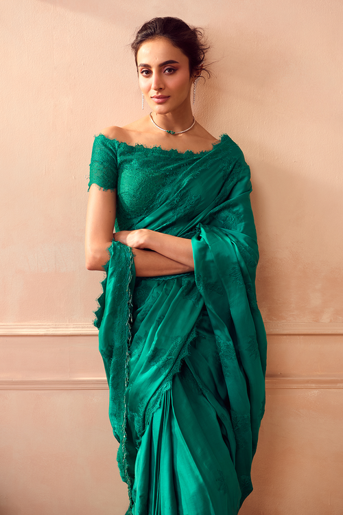 Green Silk Satin Saree with Blouse