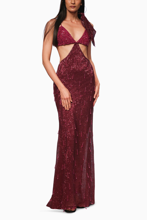 Ruby Sequin Cutout Tassel Gown