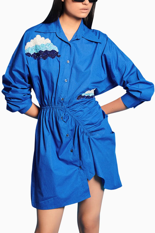 Ruched Asymmetric Blue Dress
