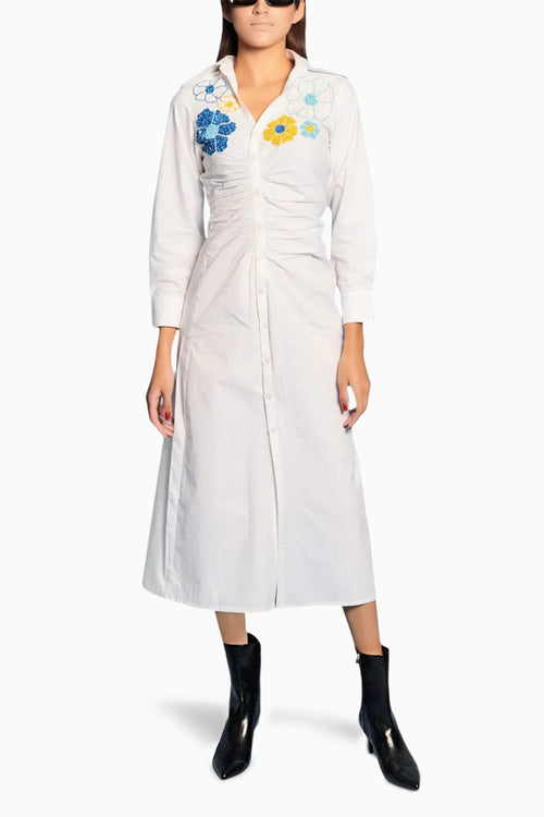 Ruched Embroidered Midi Dress