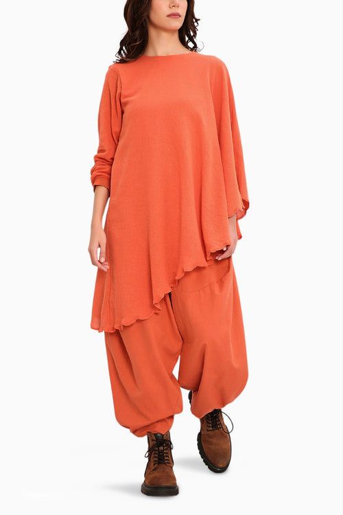 Rust Ribbed Scallop Tunic