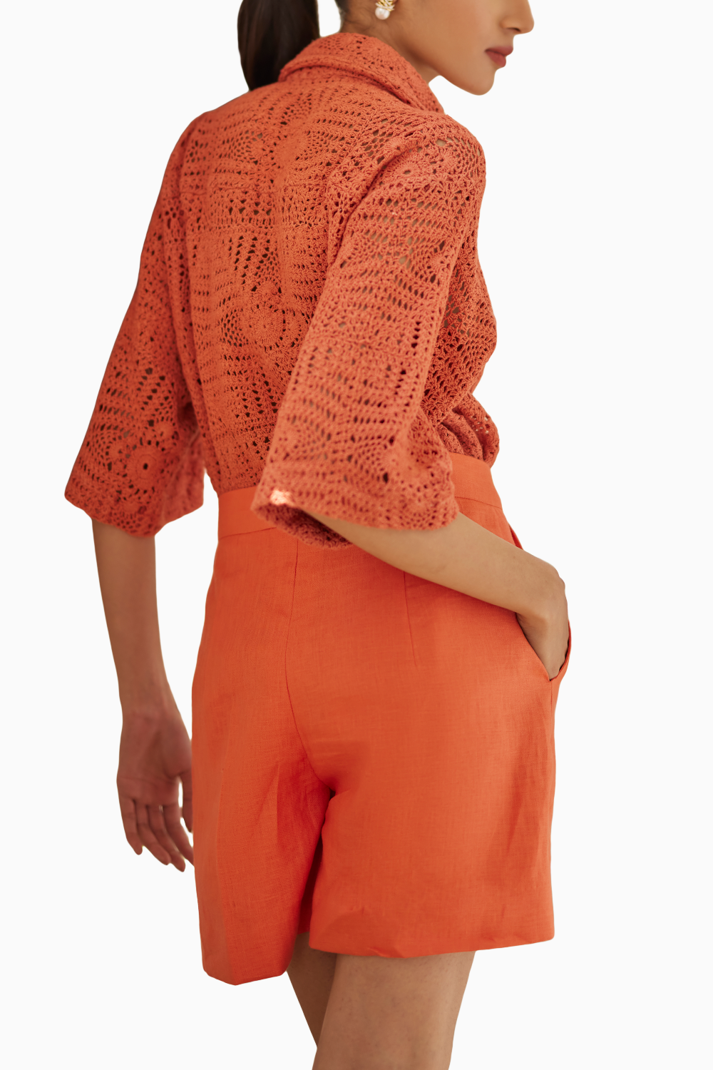 Rust Crochet Shirt with Peony Short and Jacket