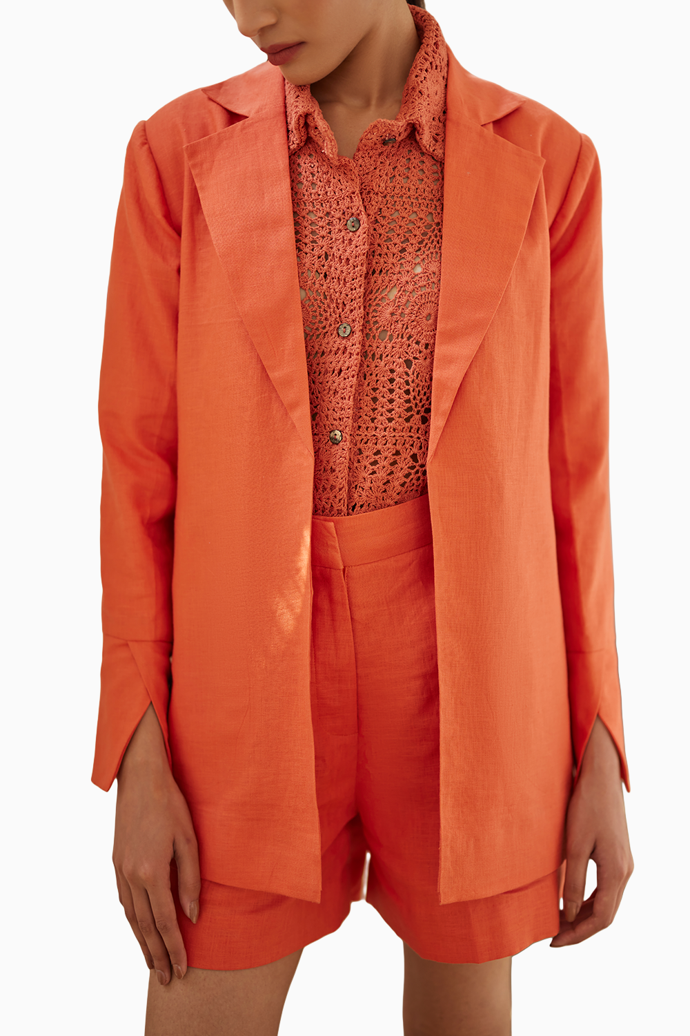 Rust Crochet Shirt with Peony Short and Jacket