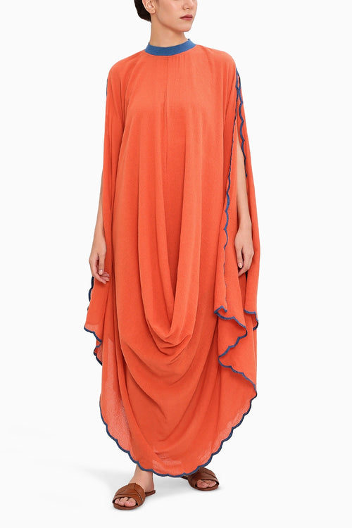 Rust Ribbed Scallop Cowl Dress