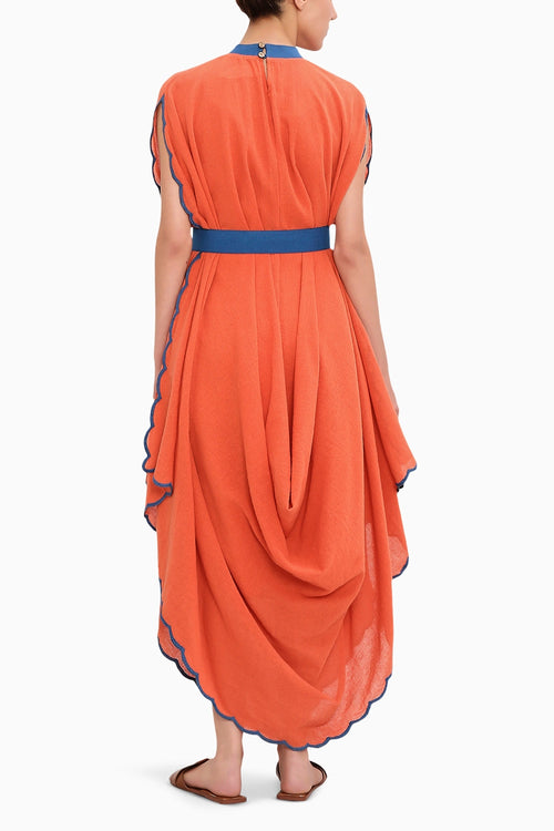 Rust Ribbed Scallop Cowl Dress