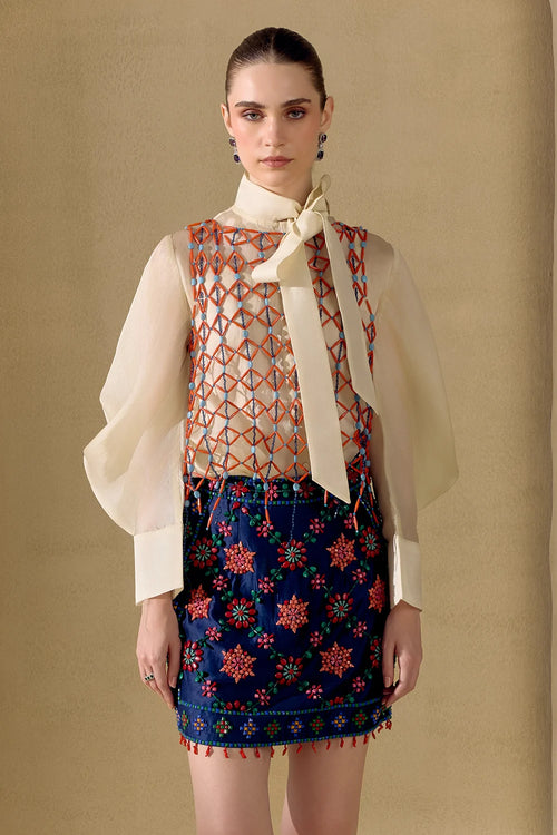 Ivory Tieup Detail Shirt With Overlay And Skirt Set