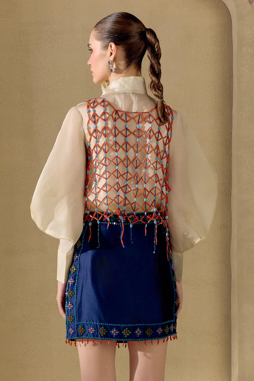 Ivory Tieup Detail Shirt With Overlay And Skirt Set
