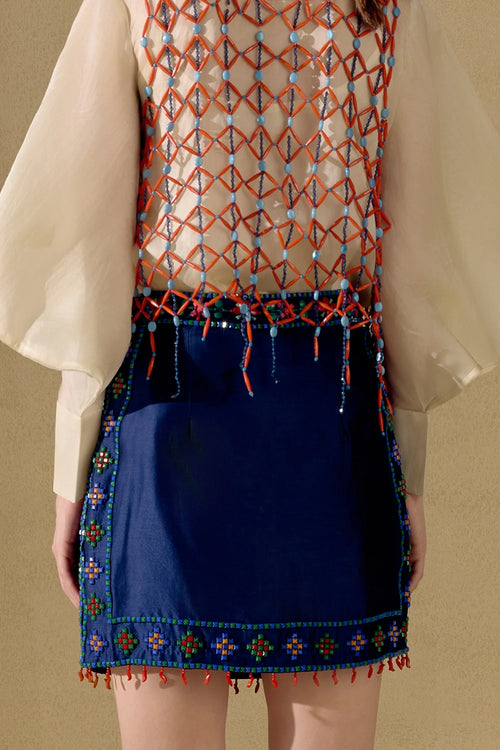 Indigo Mosaic Beadwork Mini Skirt