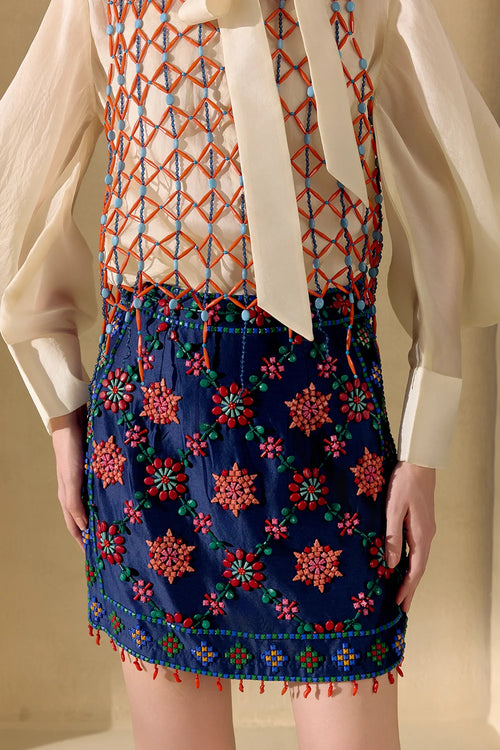 Indigo Mosaic Beadwork Mini Skirt