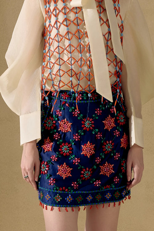 Indigo Mosaic Beadwork Mini Skirt