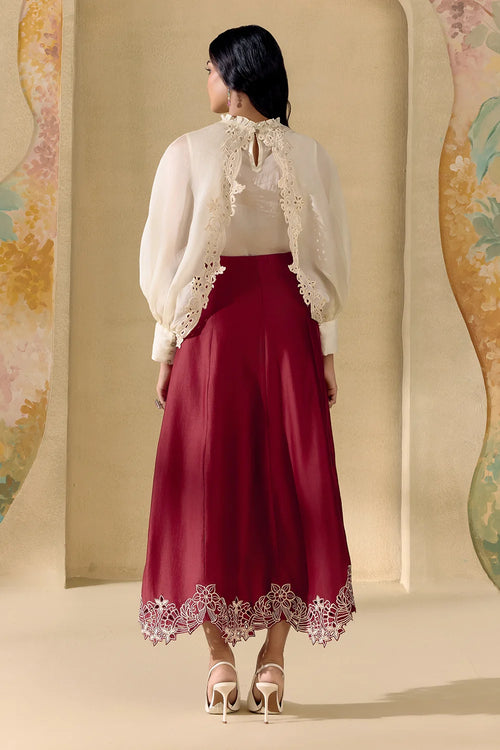 Ivory Cutwork Top And Skirt Set