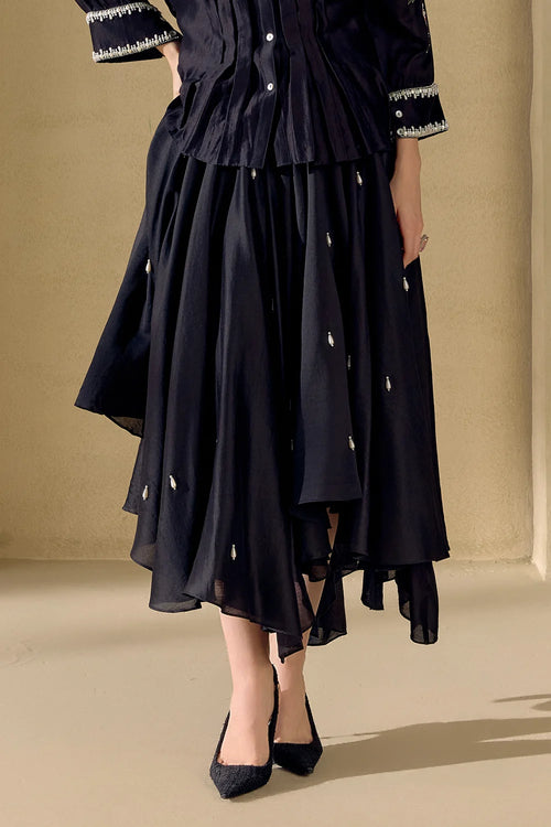 Black Fleur Pleated Kimono Shirt And Skirt Set