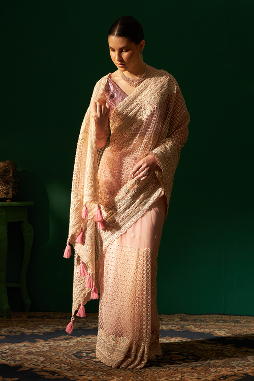Baby Pink Saree with Swaroski Crystal Embroidery