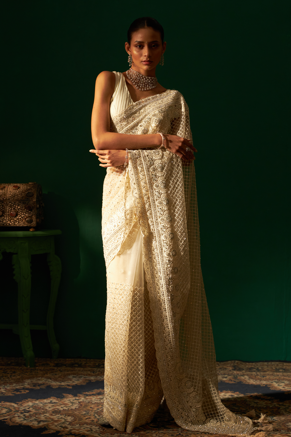 Ivory Saree with Swaroski Crystal Embroidery